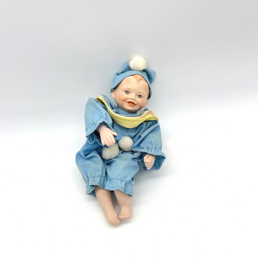 Vintage Yolanda Bello Porcelain Baby Clown Doll Blue Jester 7 Inch Signed